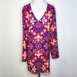 Charles Henry V Neck, Long Sleeve Shift Dress Sz L Pink Colorful Print